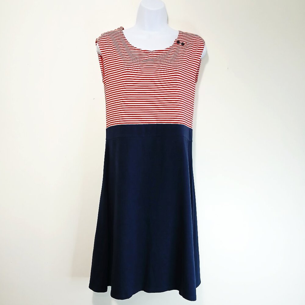 LL Bean Sleeveless Pullover Ladies Dress Red Stripe Navy Blue Stretch Size S